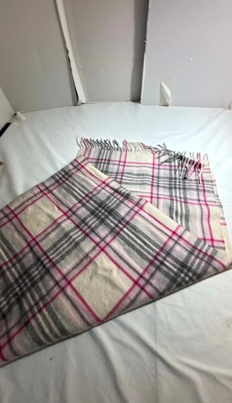 Plaid Wool Scarf with Fringe 68”x29”